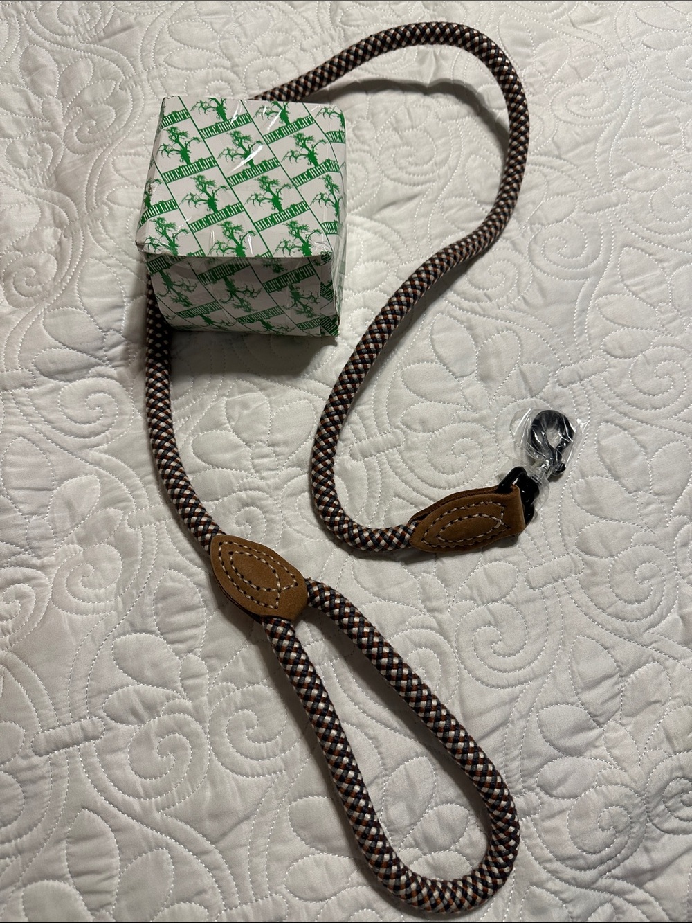 Braided Brown & White Rope Dog Leash with Leather Accents